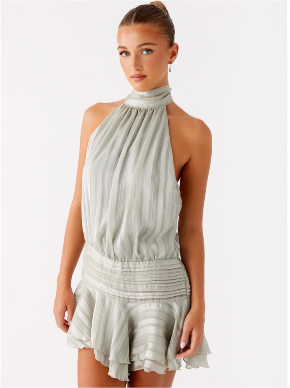 NWT Peppermayo Willow Sage Green Halter Pleated Mini Dress